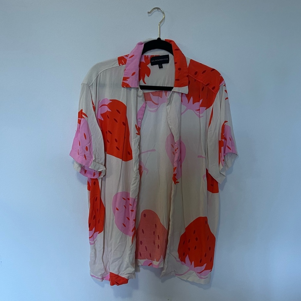 No Boundaries Short Sleeve Strawberry Button Down Shirt